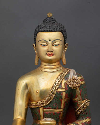 regular close up of shakyamuni buddha statue with alms bowl and serene posture
