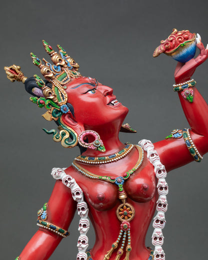 regular close up of vajrayogini statue showing copper details and gold gilding nepal