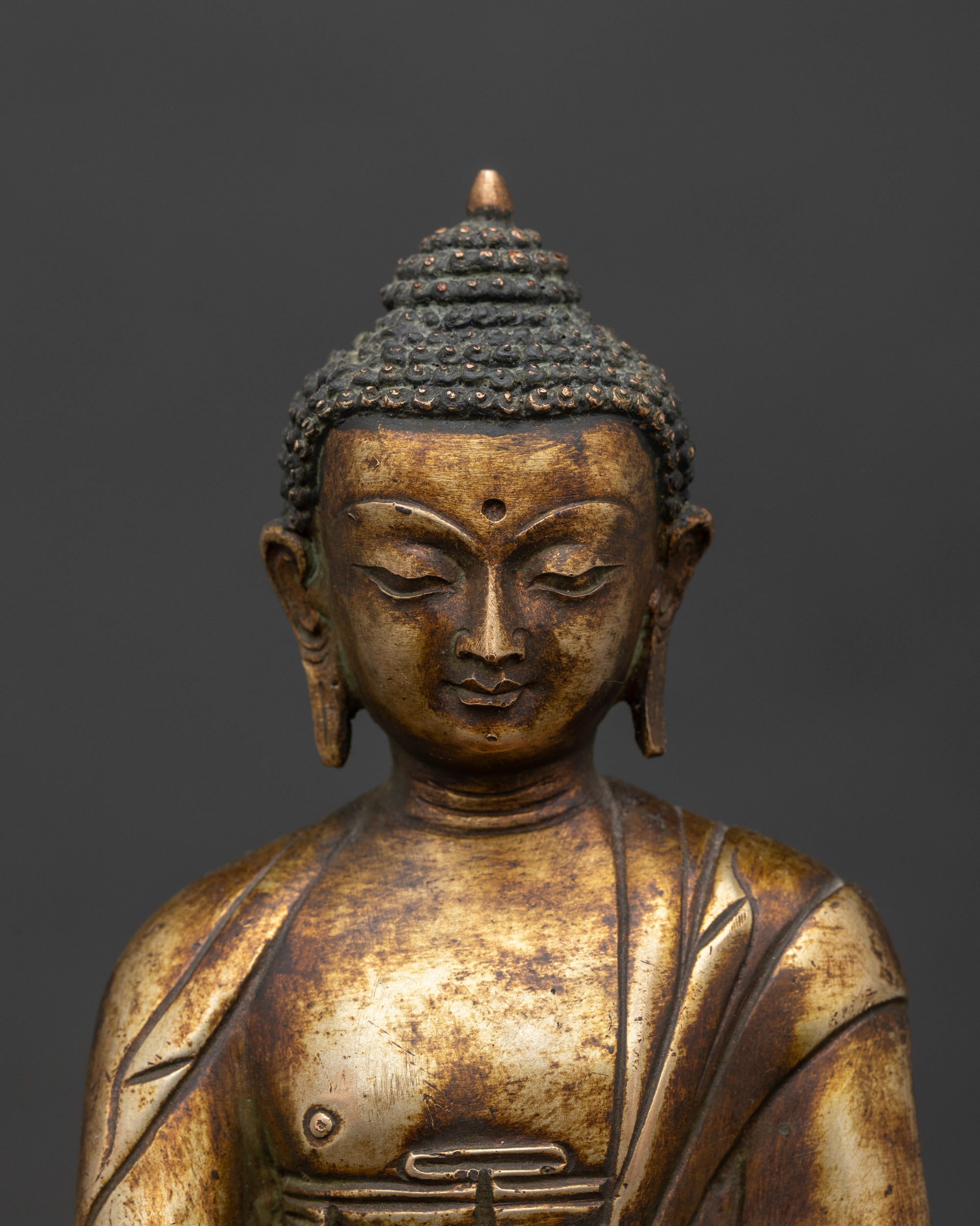 Regular close-up of Shakyamuni Buddha statue showing detailed lotus seat and pedestal