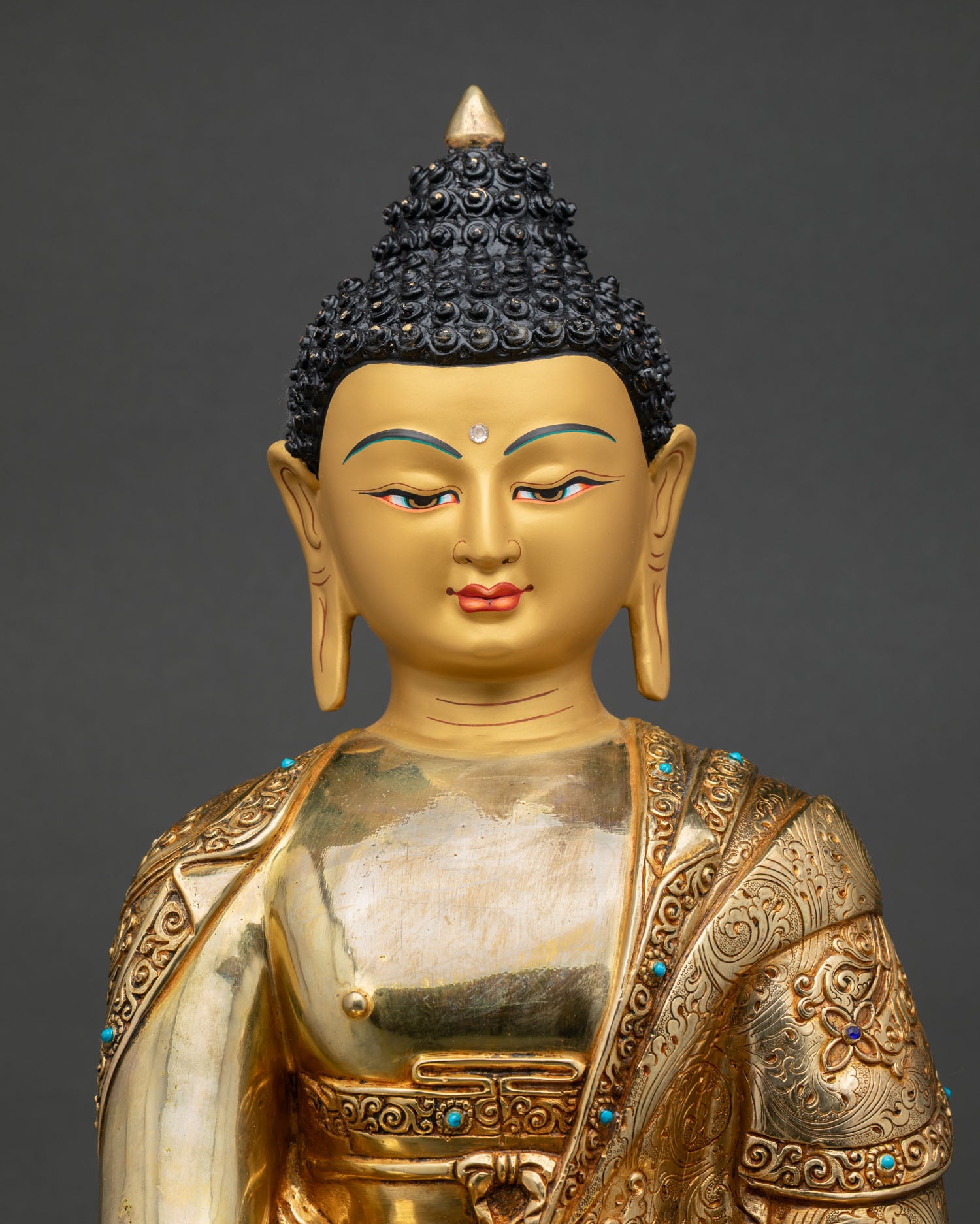 regular close up shakyamuni buddha statue gold gilded copper buddhist meditation art
