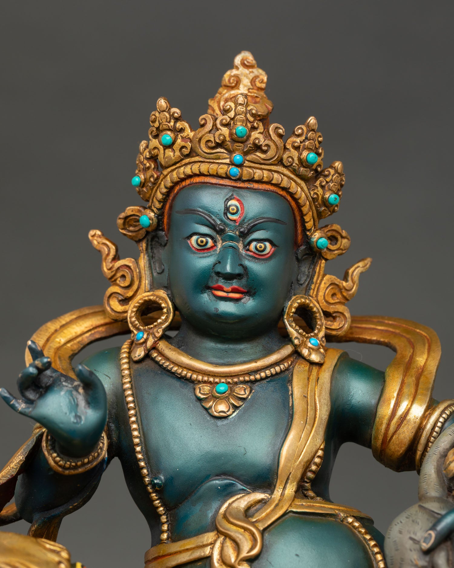 Regular close up of Namtoshe statue handcrafted copper Buddhist protector deity