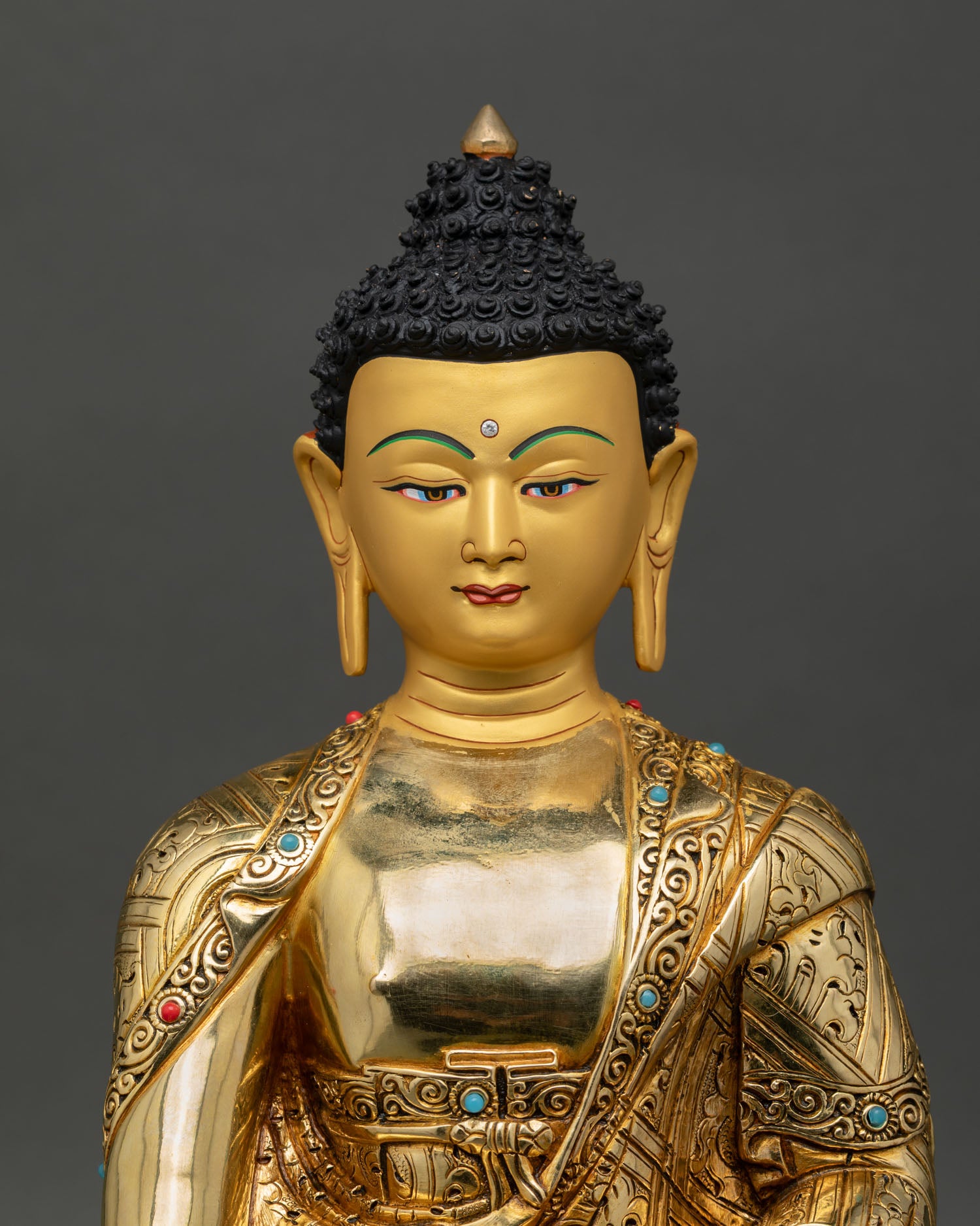 regular close up, amitabha buddha statue nepal detail, copper body with 24k gold fire gilded finish and lotus base