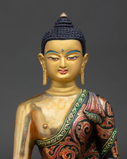 regular close up of shakyamuni buddha statue copper gold gilded hand painted details nepal
