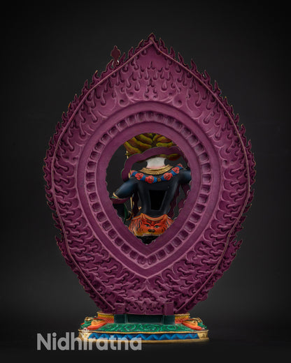 regular back view Simha Mukha statue displaying gold-plated halo and robe textures
