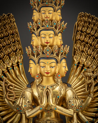 regular close up 1000 Armed Chenrezig Avalokiteshvara statue semi precious gemstone inlay
