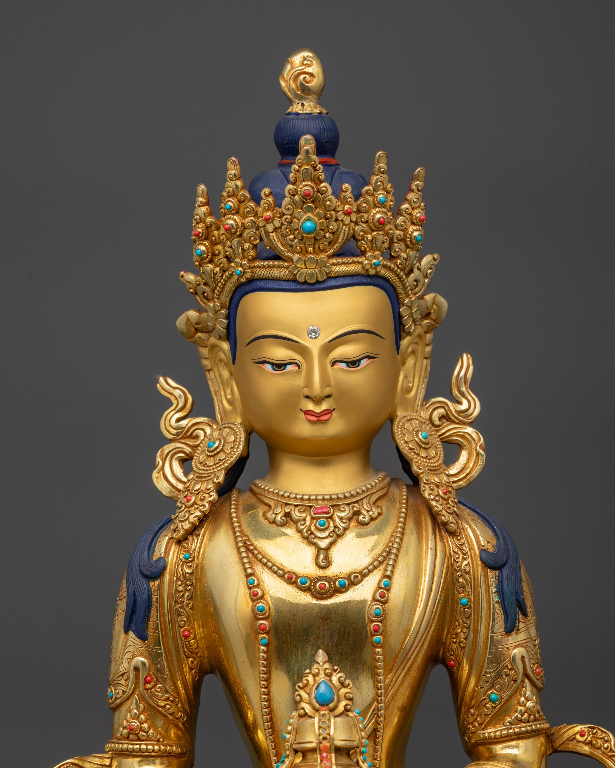 regular close up Amitayus Buddha statue crown earrings necklaces semi-precious stones
