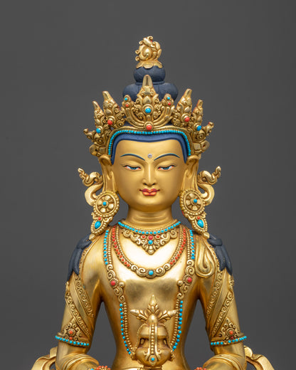 regular close up Amitayus statue semi-precious stones robe and crown details

