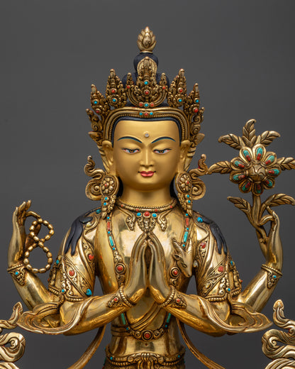 regular close up Four-Armed Chenrezig statue with jeweled crown, armlets, and jewelry