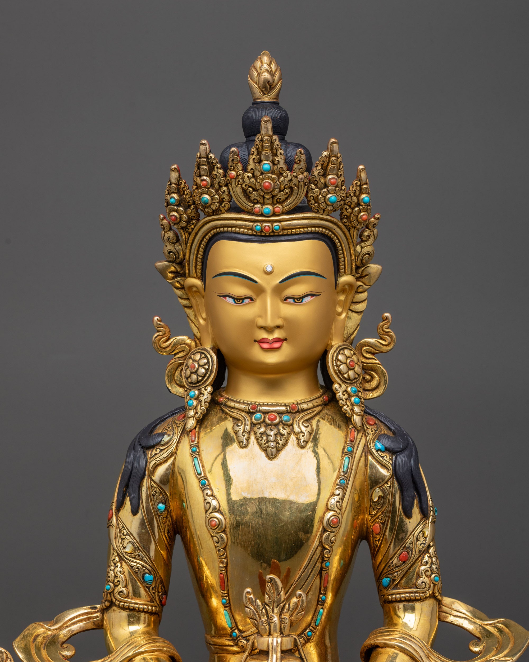 regular close up Golden Amitayus Sculpture with jeweled halo, intricate robe and jewelry