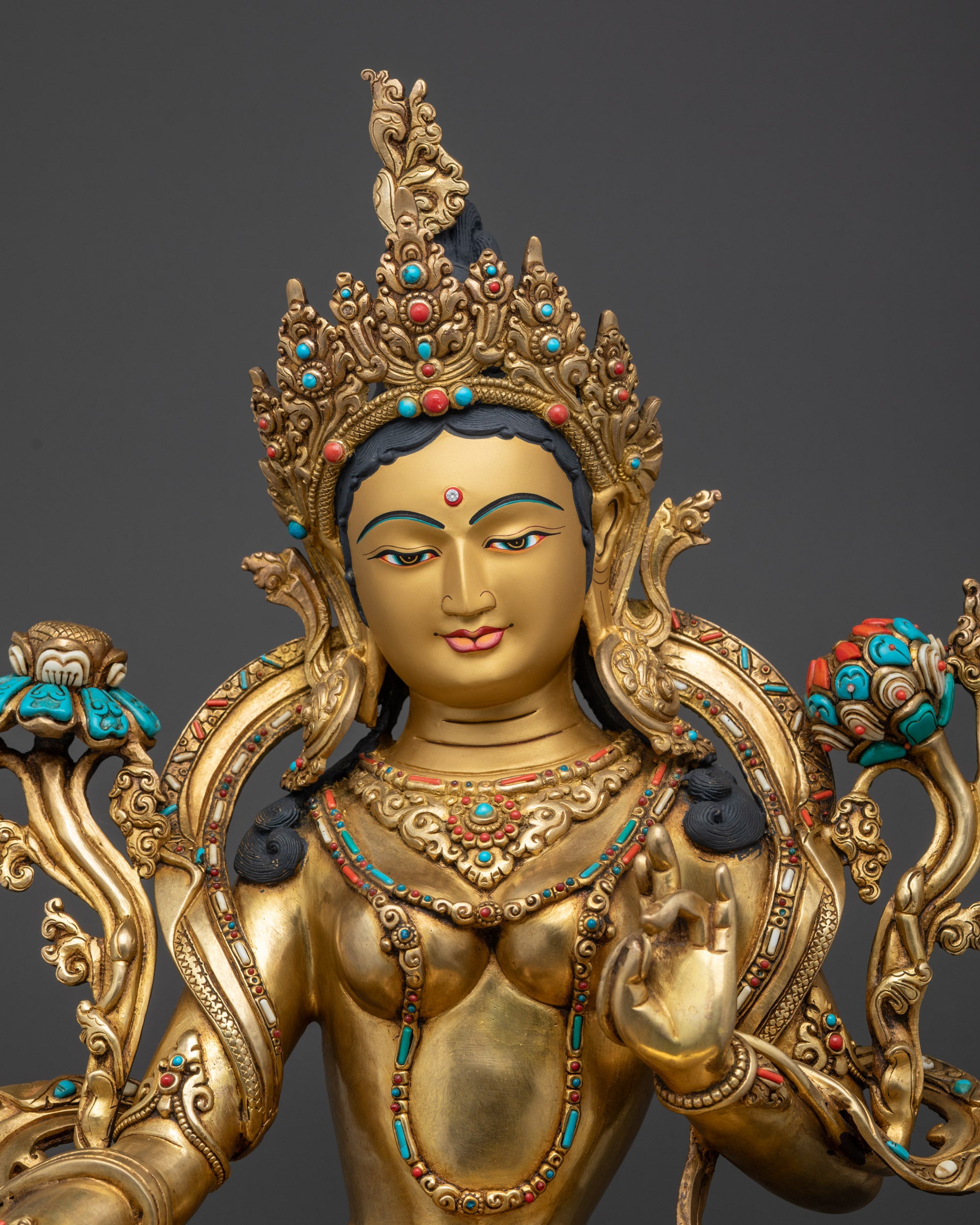 regular close up Green Tara sculpture, turquoise coral stones, Vajrayana sacred icon
