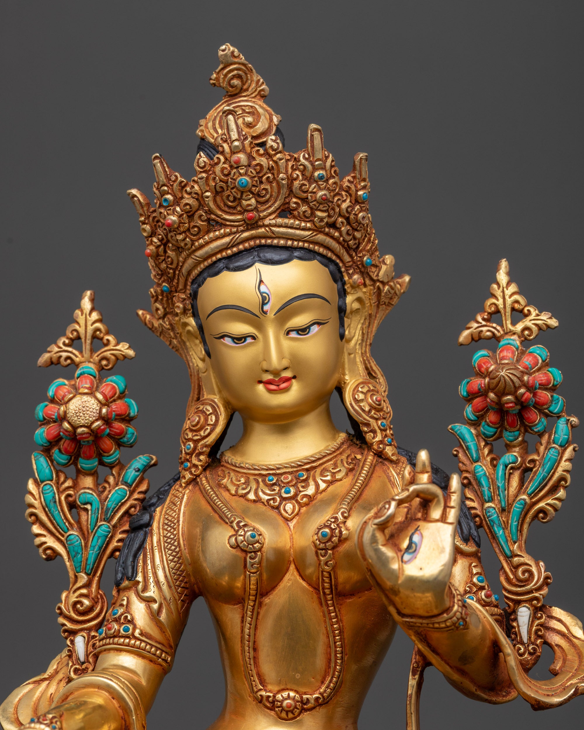 regular close up White Tara crown robe semi precious stones lost wax copper statue
