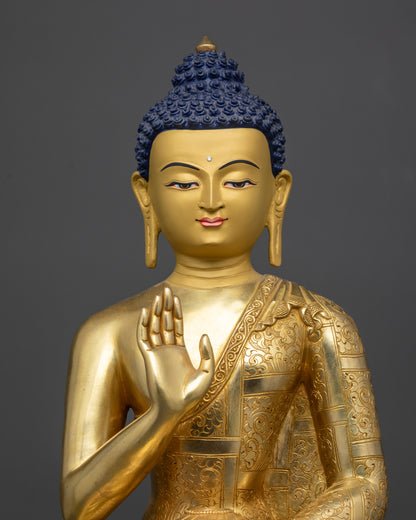 regular close up amoghasiddhi buddha statue polished finish with floral carved robe
