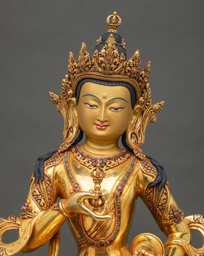 regular close up of Vajrasattva Sculpture showing Five-Jewelled Crown and robe details