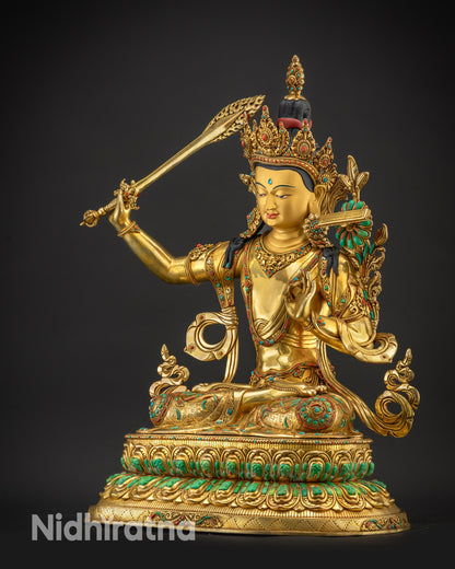 regular left side view Manjushri statue swirling robe intricate carvings
