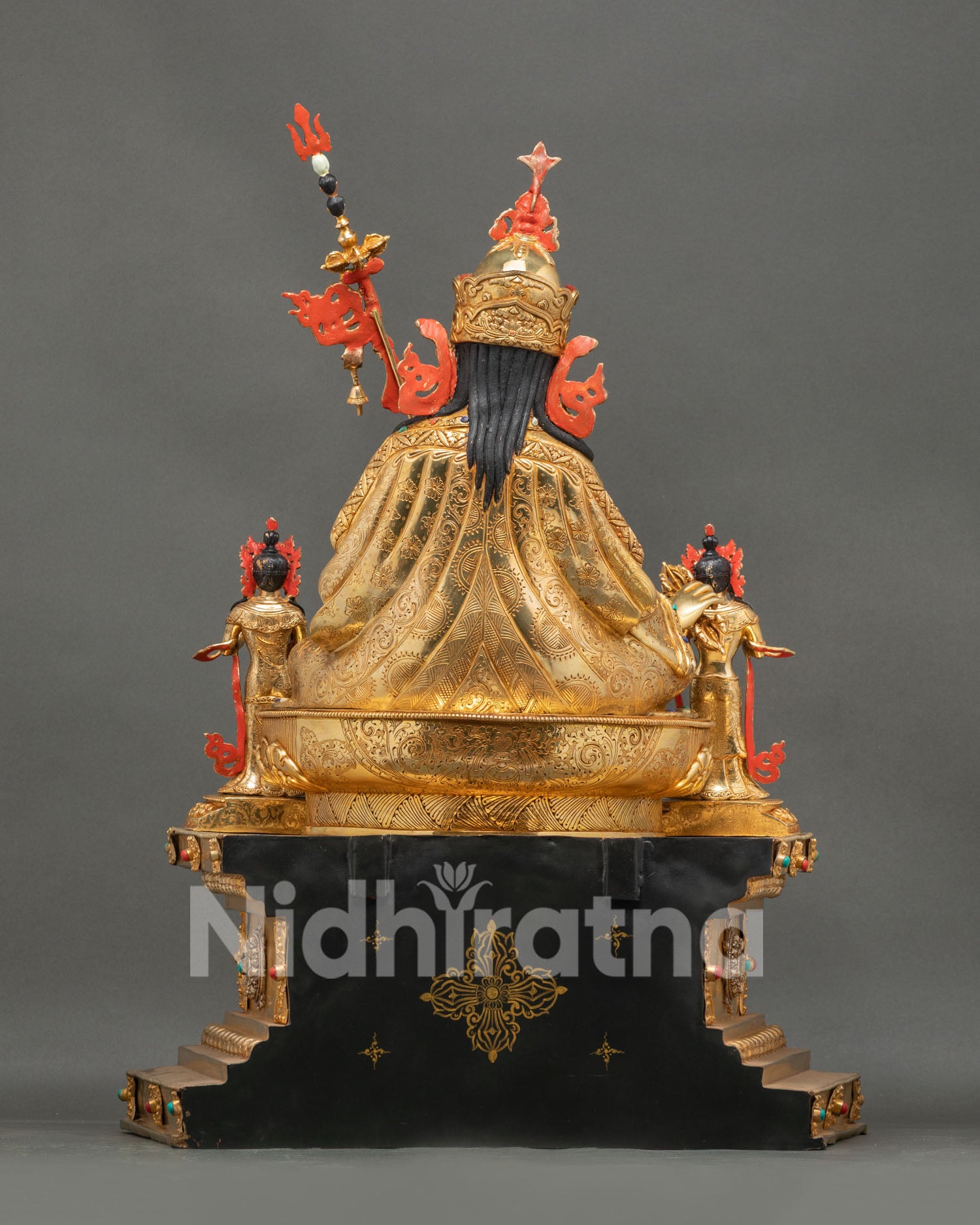 Reverse side of hand-carved copper aureole on Guru Rinpoche throne statue