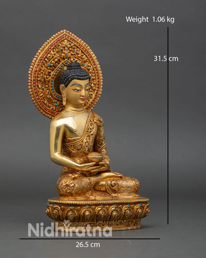Right profile of Amitabha Buddha statue, handcrafted Nepalese copper and gold artwork