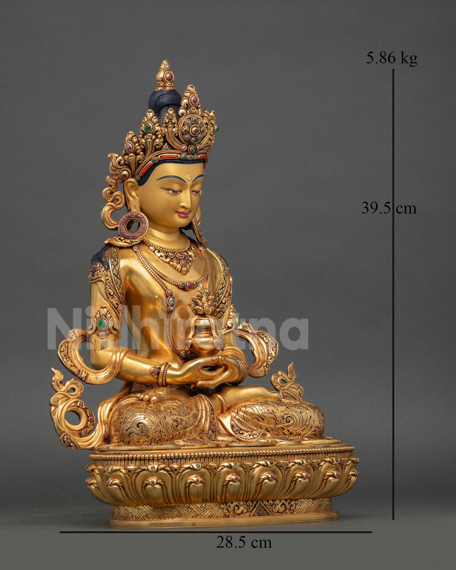 Right View Side: Right Profile Amitayus Statue Copper Sculpture Nepal Holding Vase Of Nectar Longevity Symbol