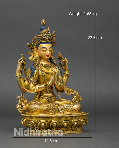 right profile chenrezig statue, handcrafted nepalese bodhisattva with gemstone ornaments
