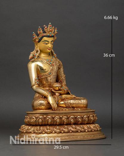 Right profile of Crowned Shakyamuni Buddha statue, seated on double lotus throne