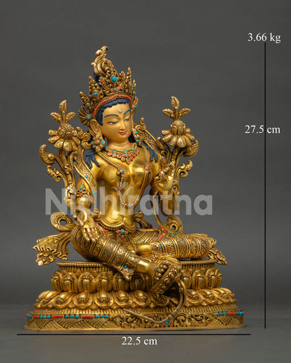 right profile green tara bodhisattva statue lotus throne detailed craftsmanship