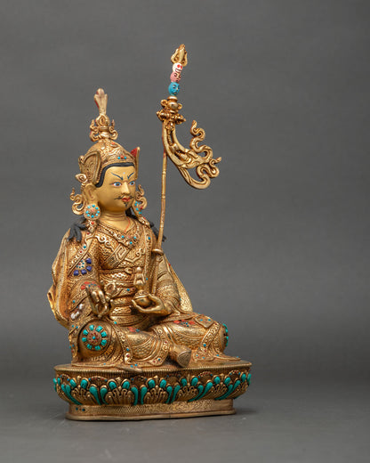 Right profile of Guru Rinpoche trio statue highlighting traditional Himalayan craftsmanship