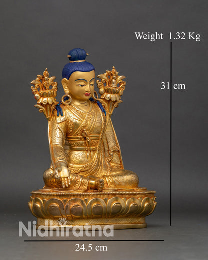 Right profile of Jigme Lingpa statue, copper and gold Buddhist meditation figure