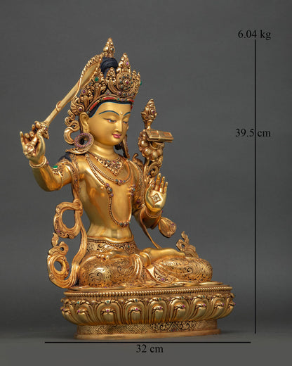 Right view side: right profile Manjushri statue copper sculpture Nepal holding sword of wisdom lotus flower