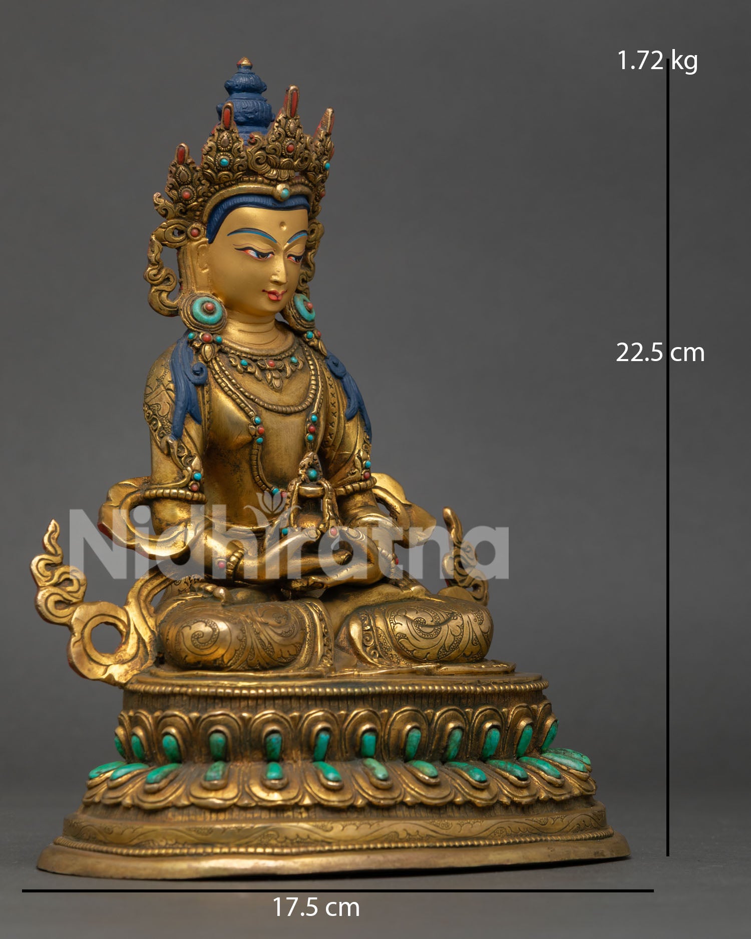 right profile of amitayus statue with lotus throne sacred vase and handcrafted copper details
