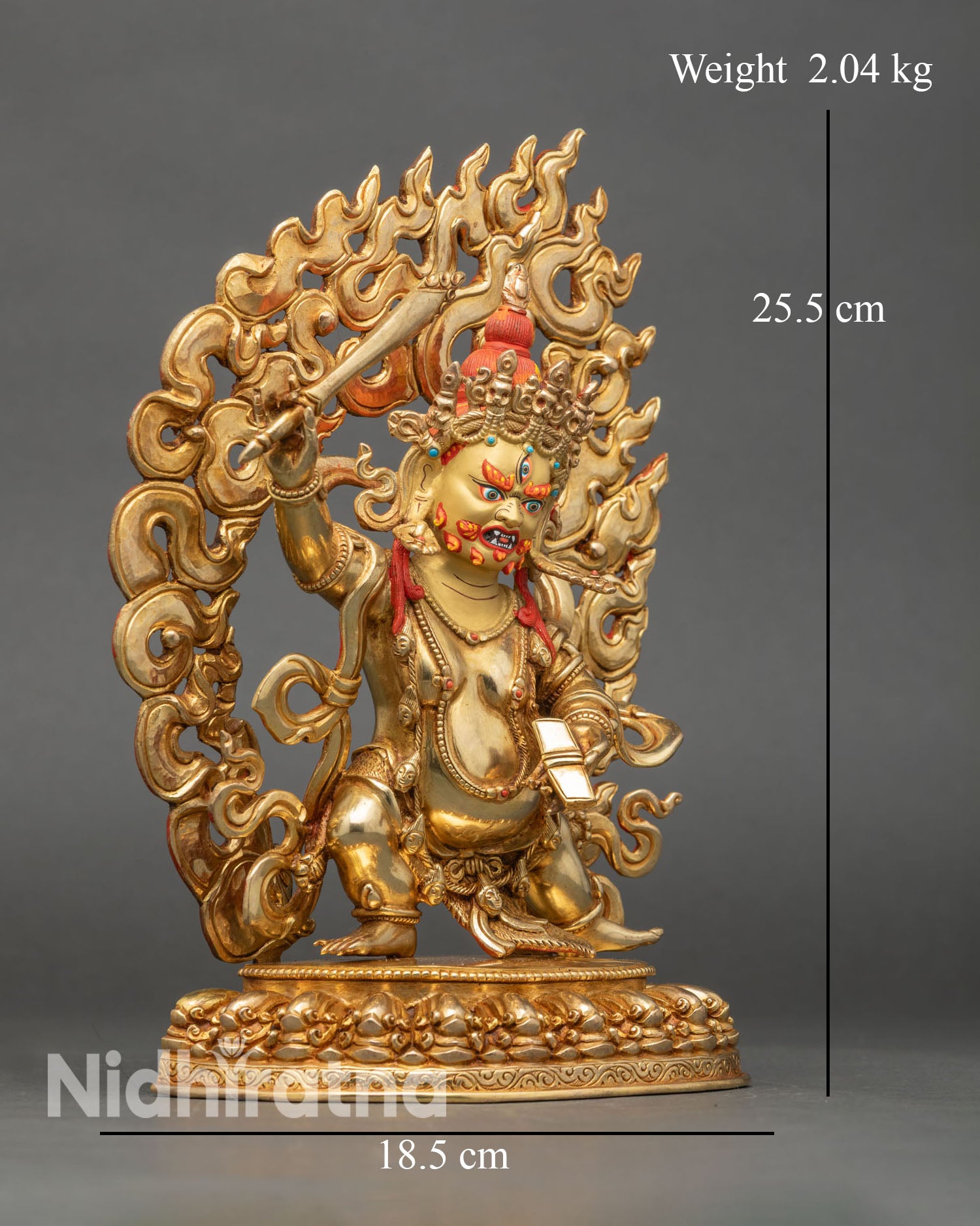 Right profile of Black Manjushri statue, dynamic warrior stance, lotus seat details