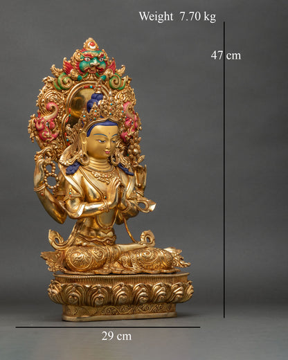 Right profile of Chenrezig statue, four-armed Bodhisattva with intricate halo and lotus base