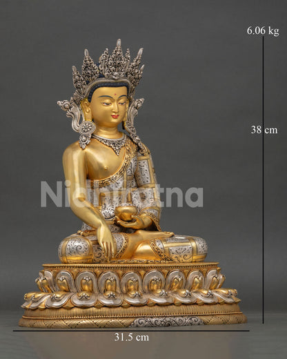 right profile of crowned shakyamuni buddha statue on double lotus seat from nepal