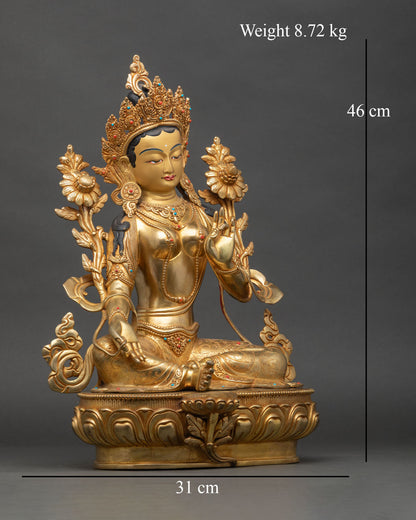 Right profile of Green Tara statue, Lalitasana posture, copper and gold craftsmanship
