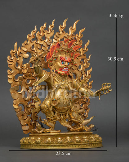 Right profile of Guru Dragpo protector statue with wisdom fire halo details