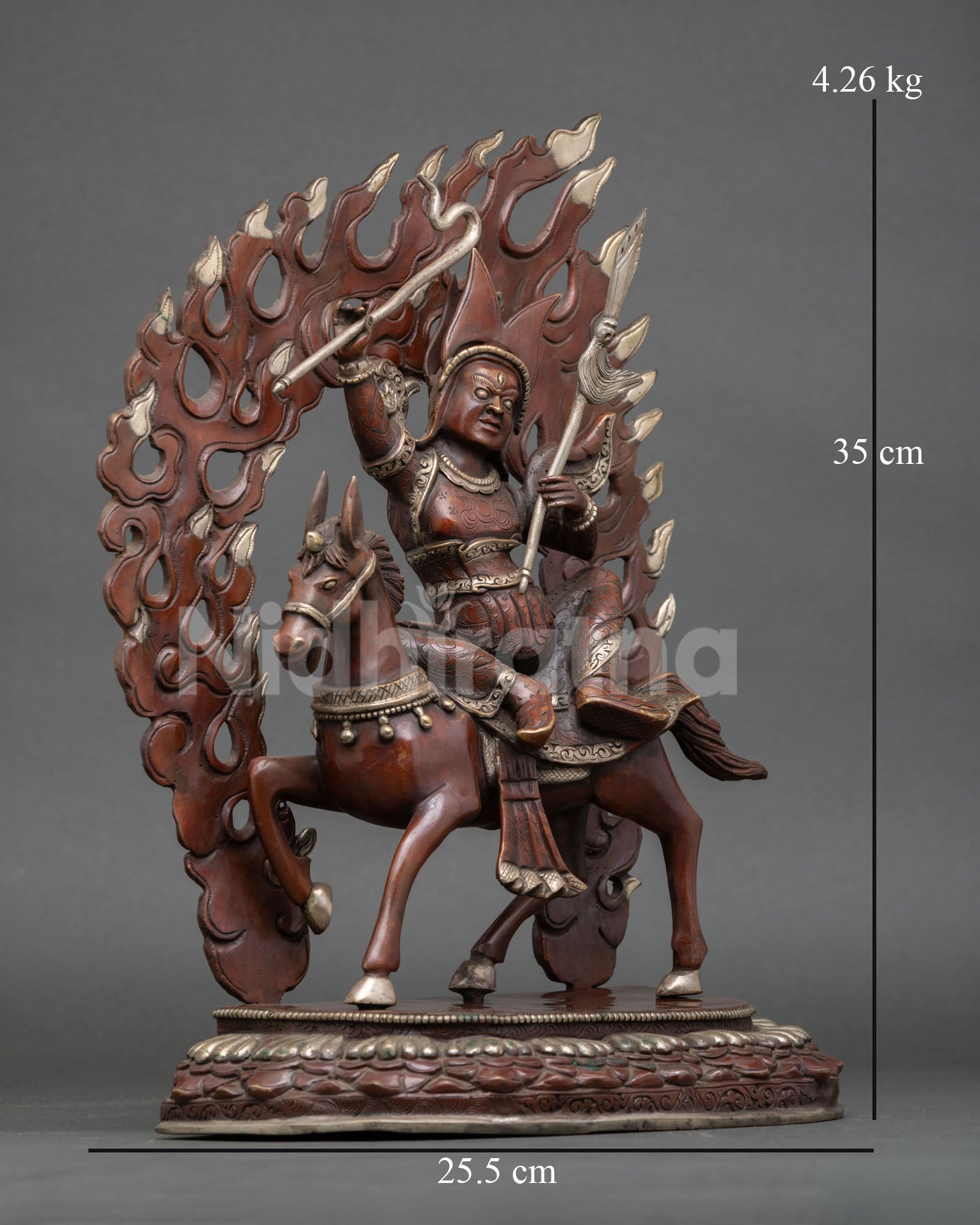right profile of king gesar statue on horseback, handcrafted tibetan warrior sculpture