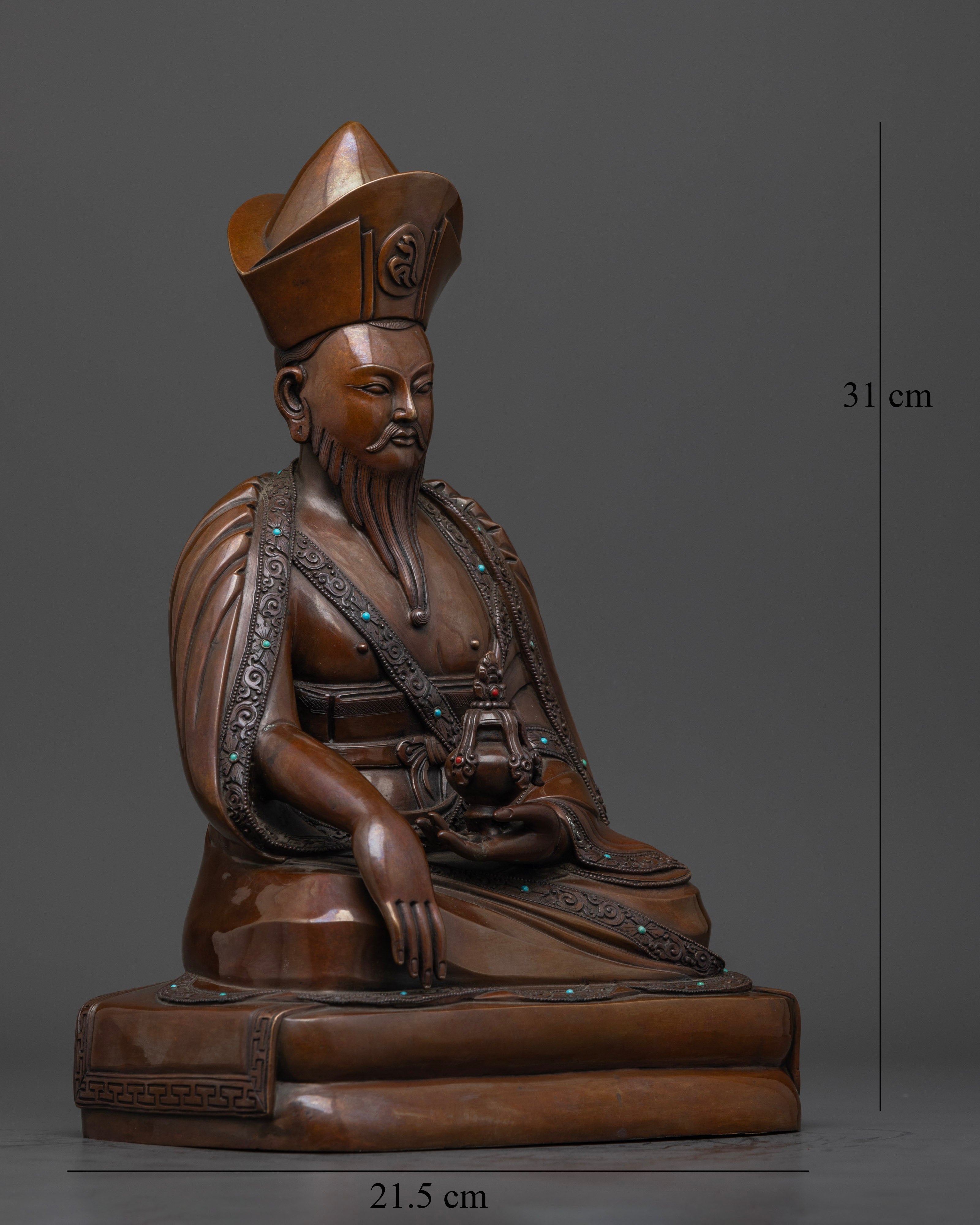 right profile of ngawang namgyal statue, copper oxidized with semi-precious stone detailing