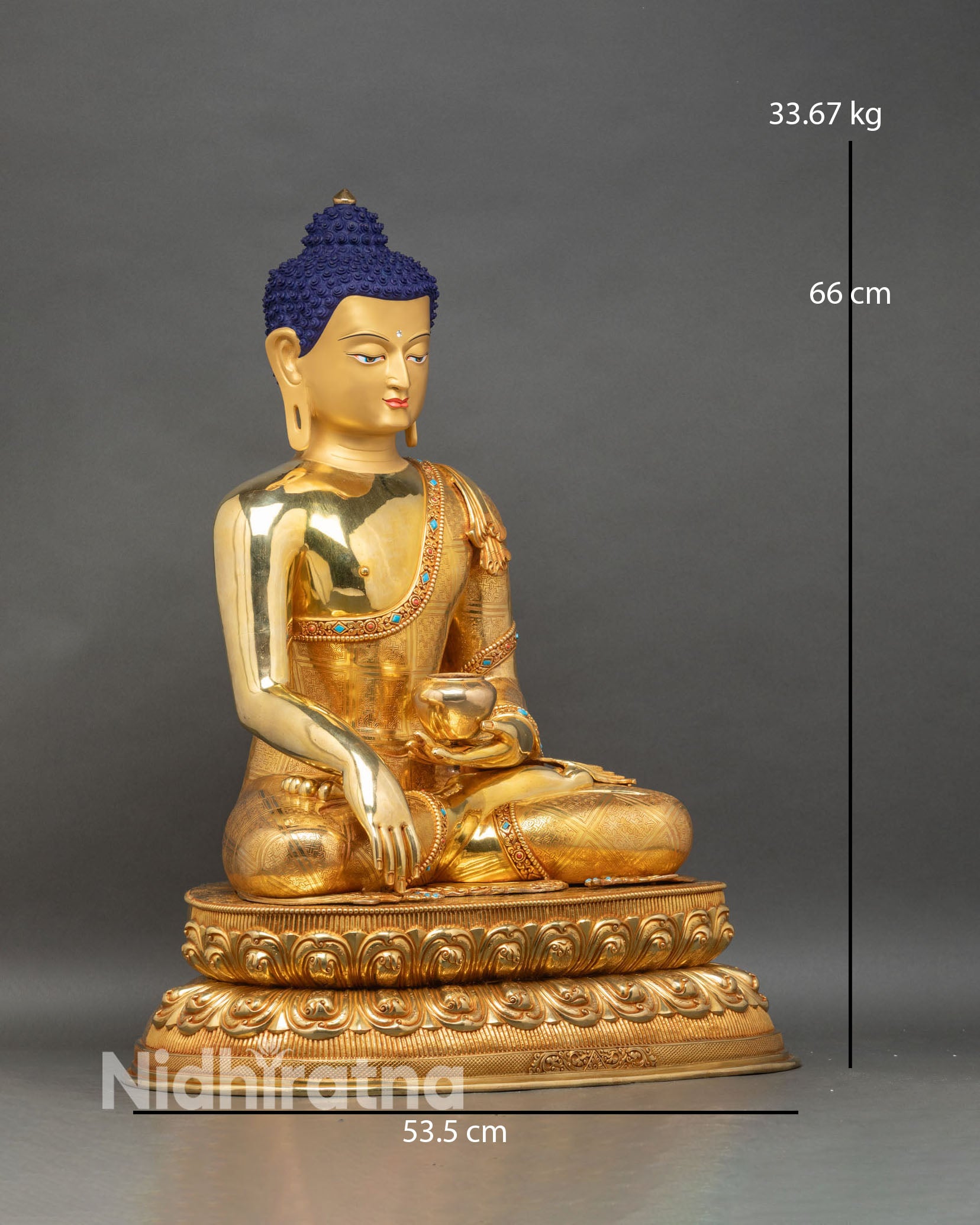 Right profile of Shakyamuni Buddha statue, Bhumisparsha mudra with alms bowl, gold finish