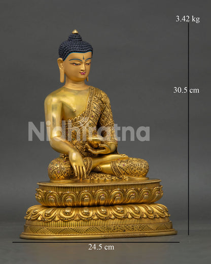 Right profile of Shakyamuni Buddha statue with copper craftsmanship lotus throne and sacred details