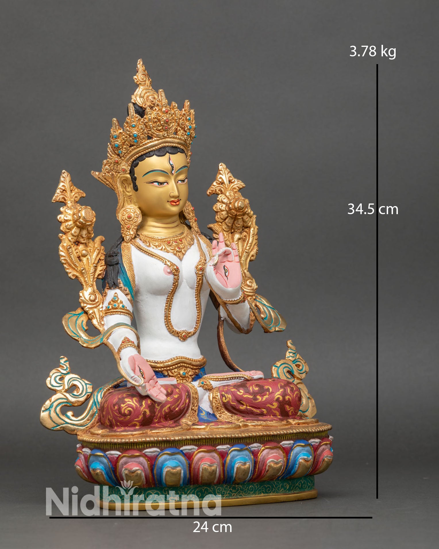 right profile of white tara statue, handcrafted copper with lotus base and detailed attire