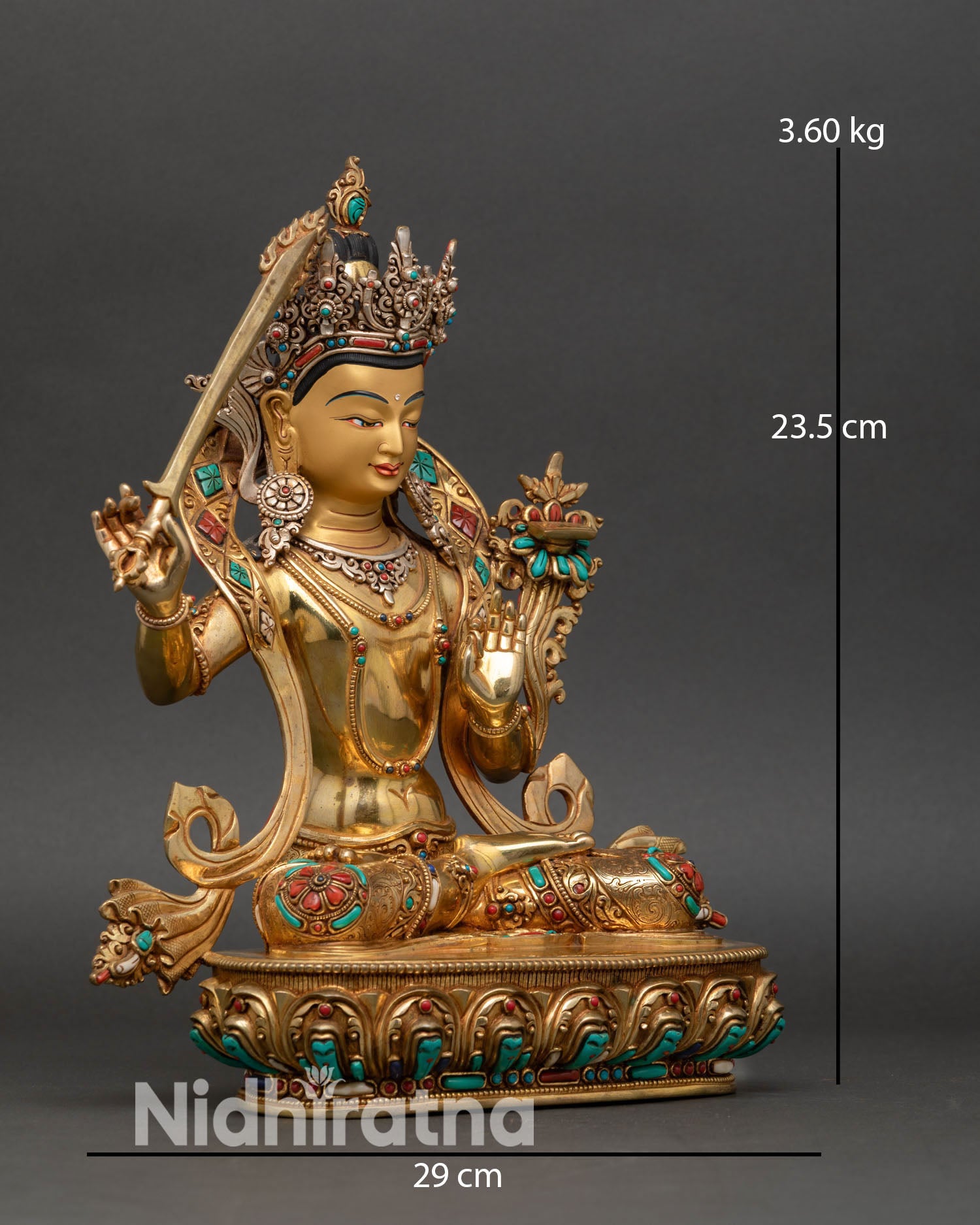 Right profile view Manjushri statue, flaming sword of wisdom, lotus pedestal base, Nepalese artisan craft