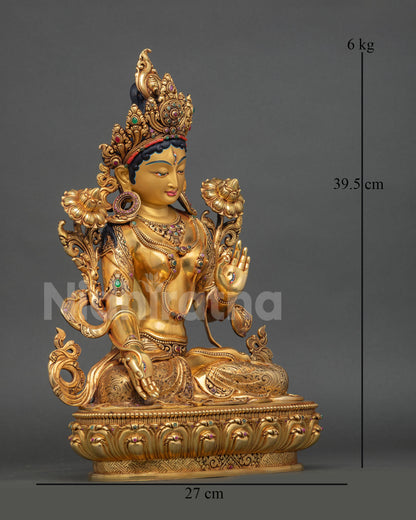 right profile white tara statue copper lotus throne sacred buddhist art nepal handmade