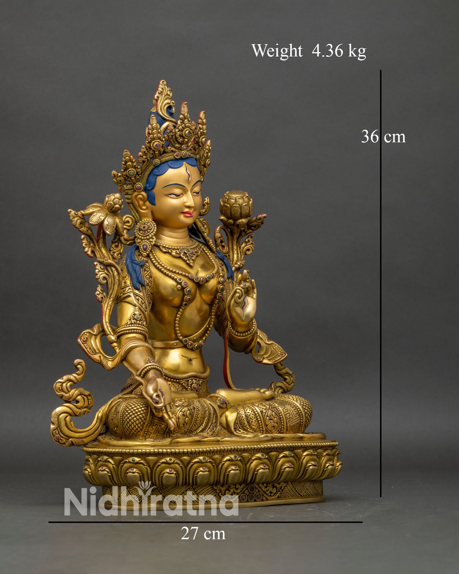 Right profile of White Tara statue, handcrafted copper and 24K gold Himalayan art