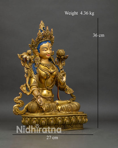 Right profile of White Tara statue, handcrafted copper and 24K gold Himalayan art