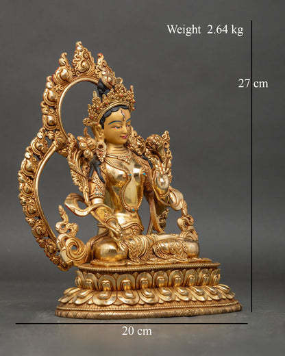 Right profile of White Tara statue, seated posture and varada mudra hand gesture