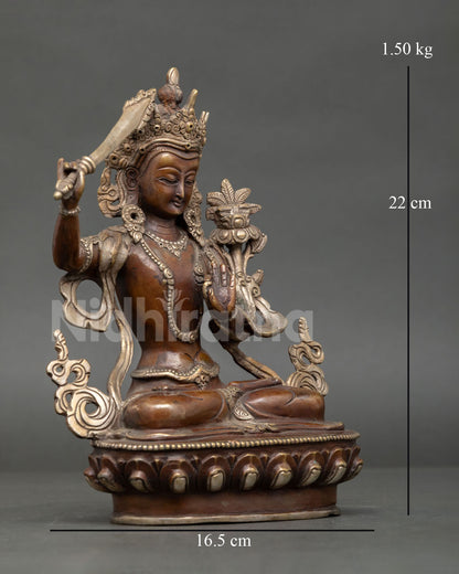 Right Side Manjushri Statue Oxidized Copper Himalayan Buddhist Craftsmanship