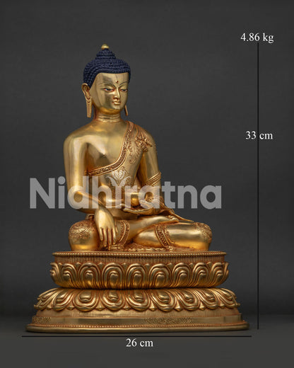 Right side profile of 24K gold fire-gilded Shakyamuni Buddha figurine handcrafted in Nepal.