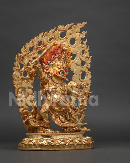 Right side profile view of handcrafted Hayagriva copper statue in gold finish.