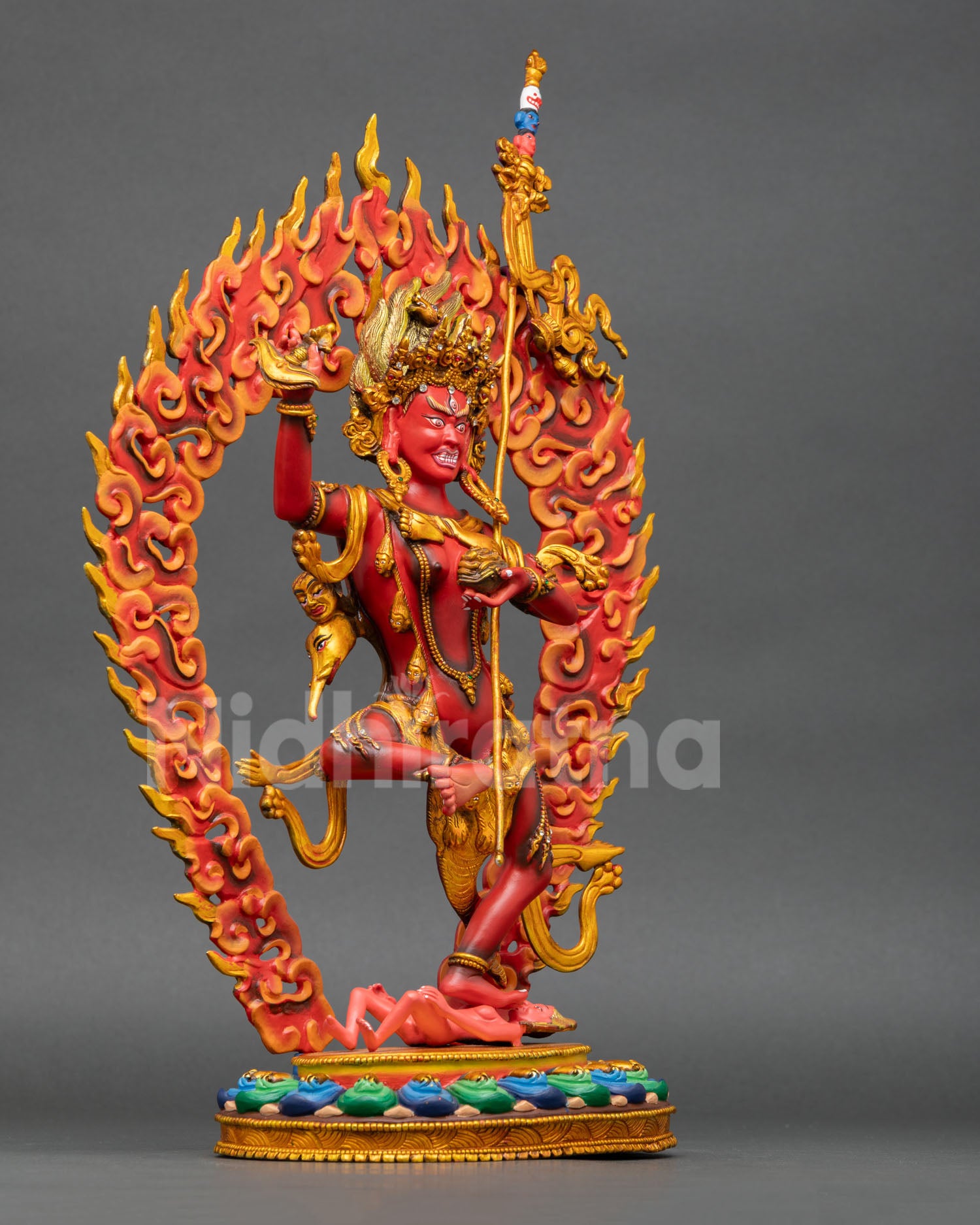 Right side Troma Nagmo statue, Nepal copper art, flaming halo ritual detail