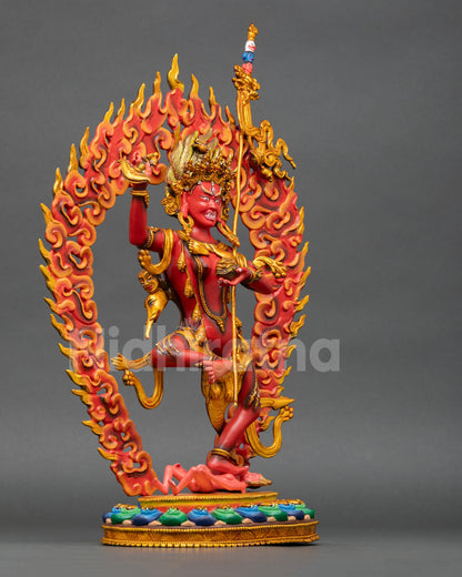 Right side Troma Nagmo statue, Nepal copper art, flaming halo ritual detail