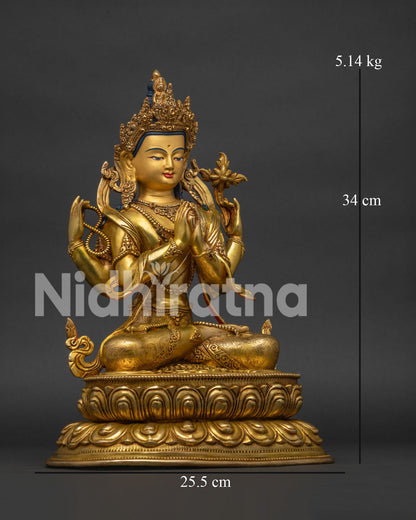 Right Side View of 24K Gold 4-Armed Chenrezig Statue Holding Crystal Rosary