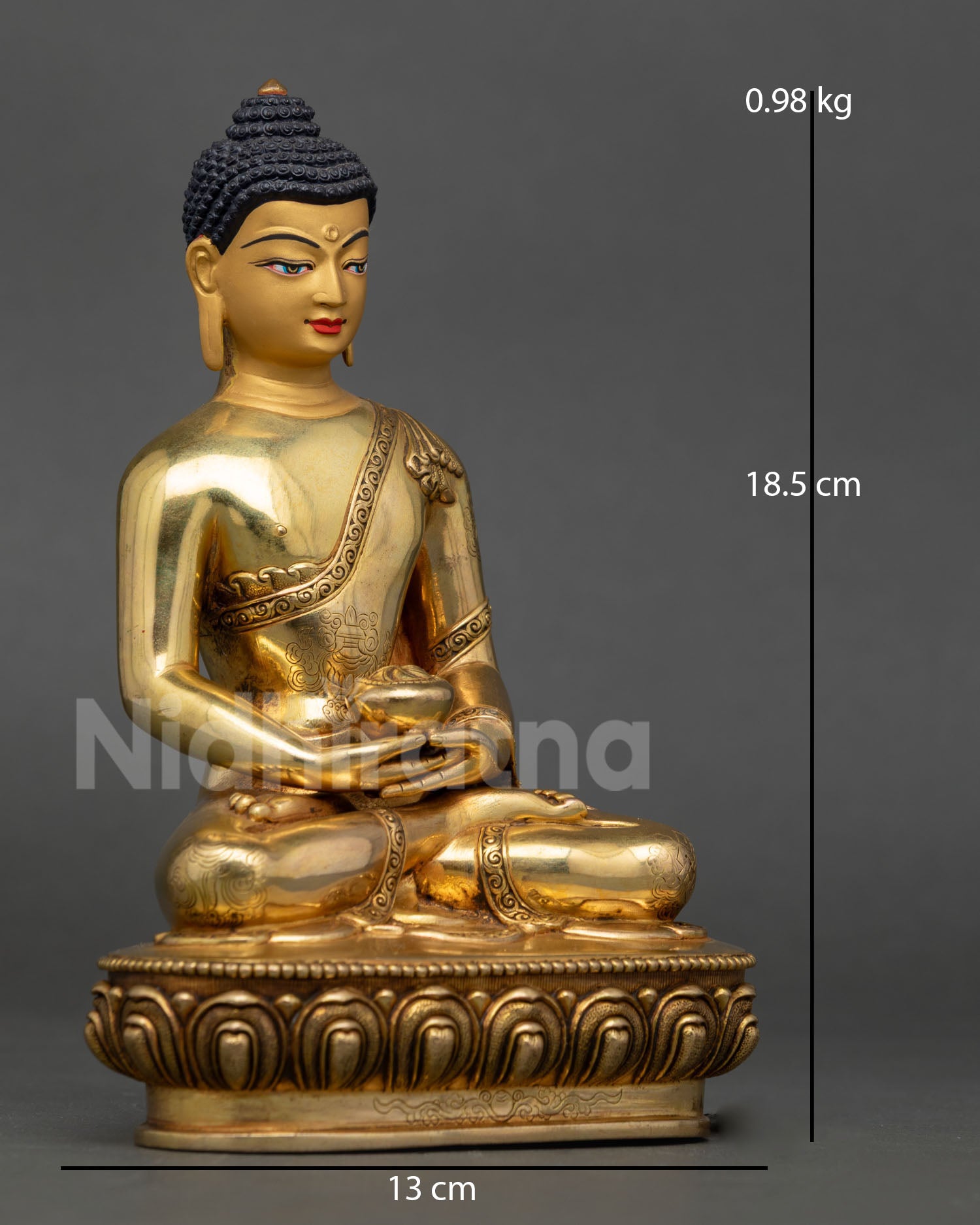 Right side view Amitabha Buddha statue, meditative copper sculpture lotus seat Nepal